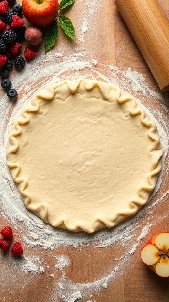 Rolled out shortcrust pastry on a floured surface, with fresh ingredients around.